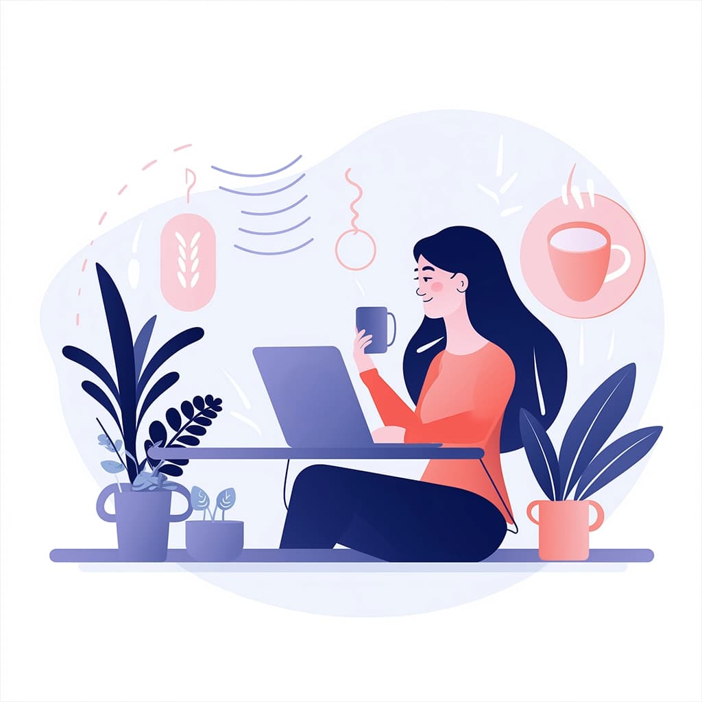 cartoon of a woman sitting in front of a laptop