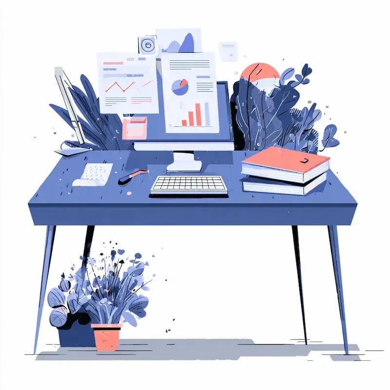 cartoon desk with floating carts