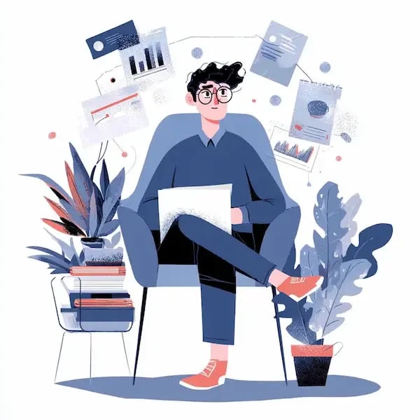 cartoon of a man sitting in front of charts