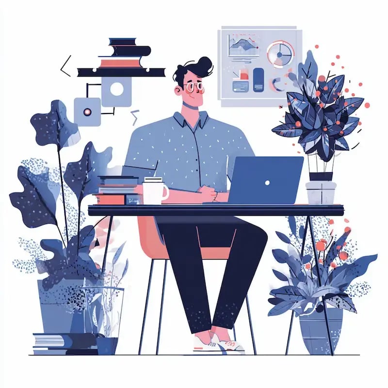a cartoon person sitting at a desk, surrounded by plants